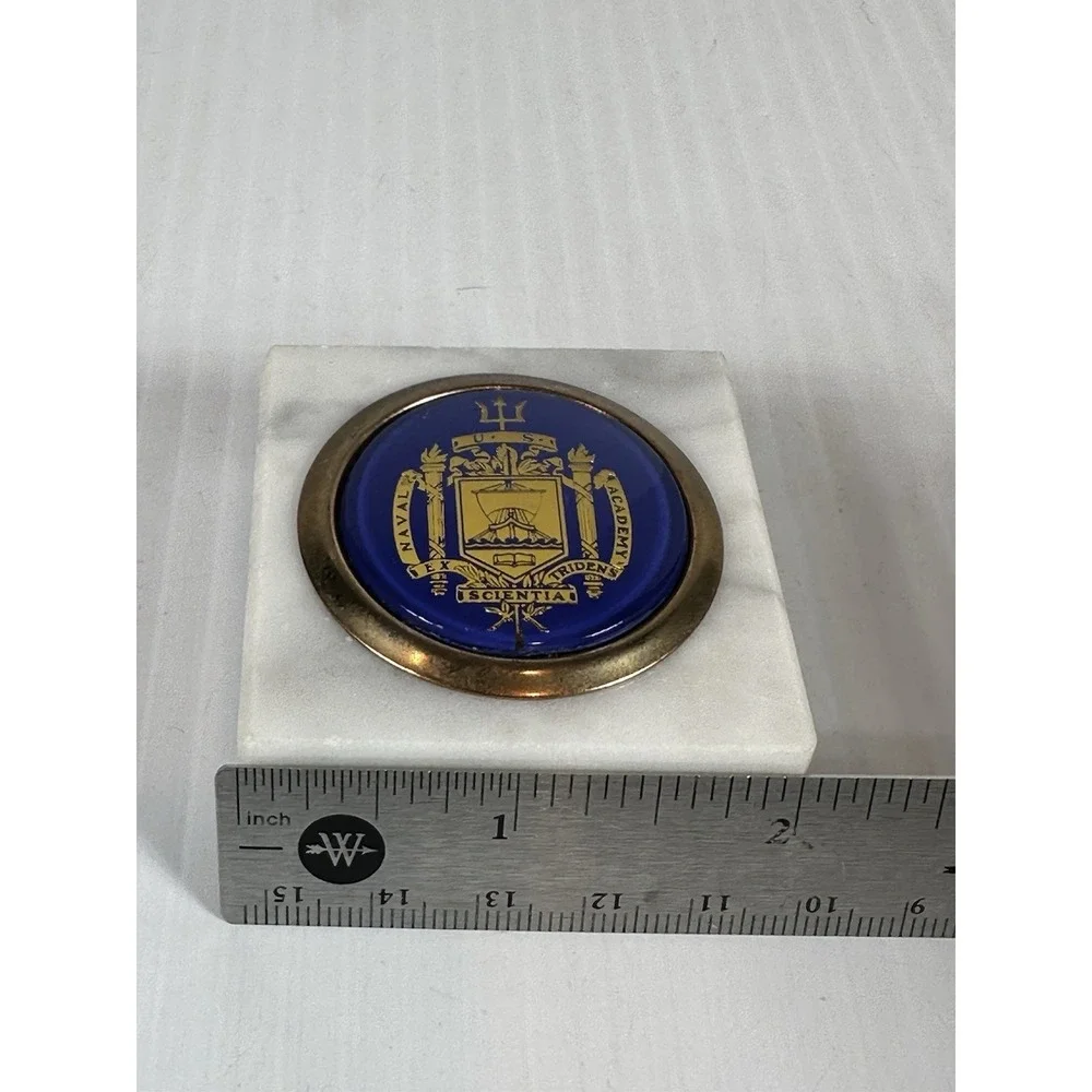 Vintage US Naval Academy Italian White Marble Paperweight Military